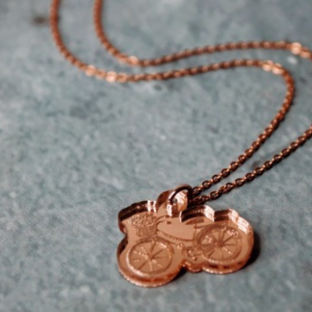 Bicycle Necklace Rose Gold Acrylic Pendant with 18 inch Rose Gold Chain